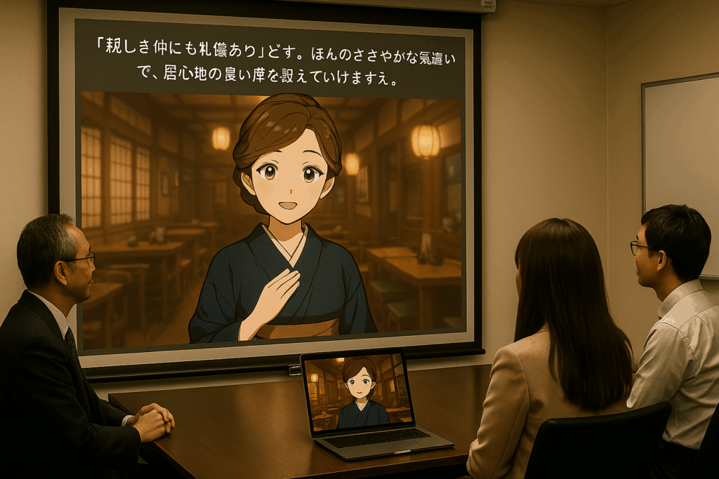 会議室のプロジェクターに映し出されたパソコンの画面。AIアバターが小料理屋の女将さんを演じている。