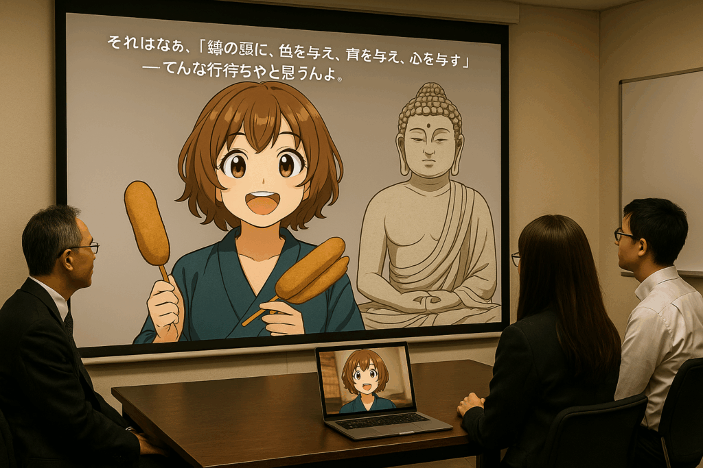 プロジェクター映像をもとに会議している風景。映像内では、AIアバターが仏教思想を解説している。