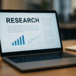 フォトリアリスティックな画像。オフィスに置かれたノートパソコン。画面にはRESEARCHの文字と共に、調査結果レポートが表示されている。