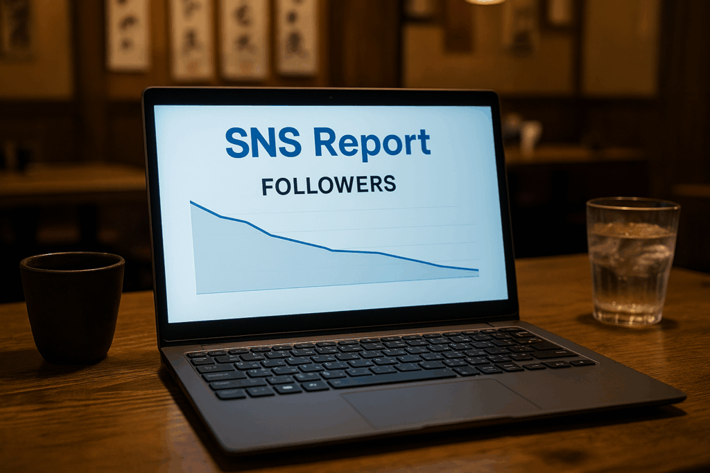 フォトリアリスティックな画像。和風居酒屋のテーブルに置かれたノートパソコン。画面にはSNSのフォロワー数レポートが表示され、右肩下がりの傾向を示している。