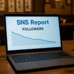 フォトリアリスティックな画像。和風居酒屋のテーブルに置かれたノートパソコン。画面にはSNSのフォロワー数レポートが表示され、右肩下がりの傾向を示している。