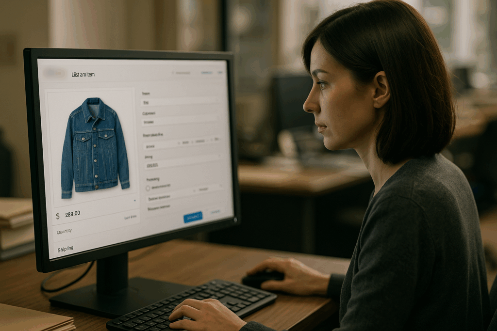 オフィスでオークションサイトにデニムジャケットを出品する手続きをしている女性の画像。デスク上のモニターには、サイトUIが映っている。