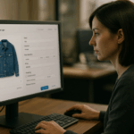 オフィスでオークションサイトにデニムジャケットを出品する手続きをしている女性の画像。デスク上のモニターには、サイトUIが映っている。