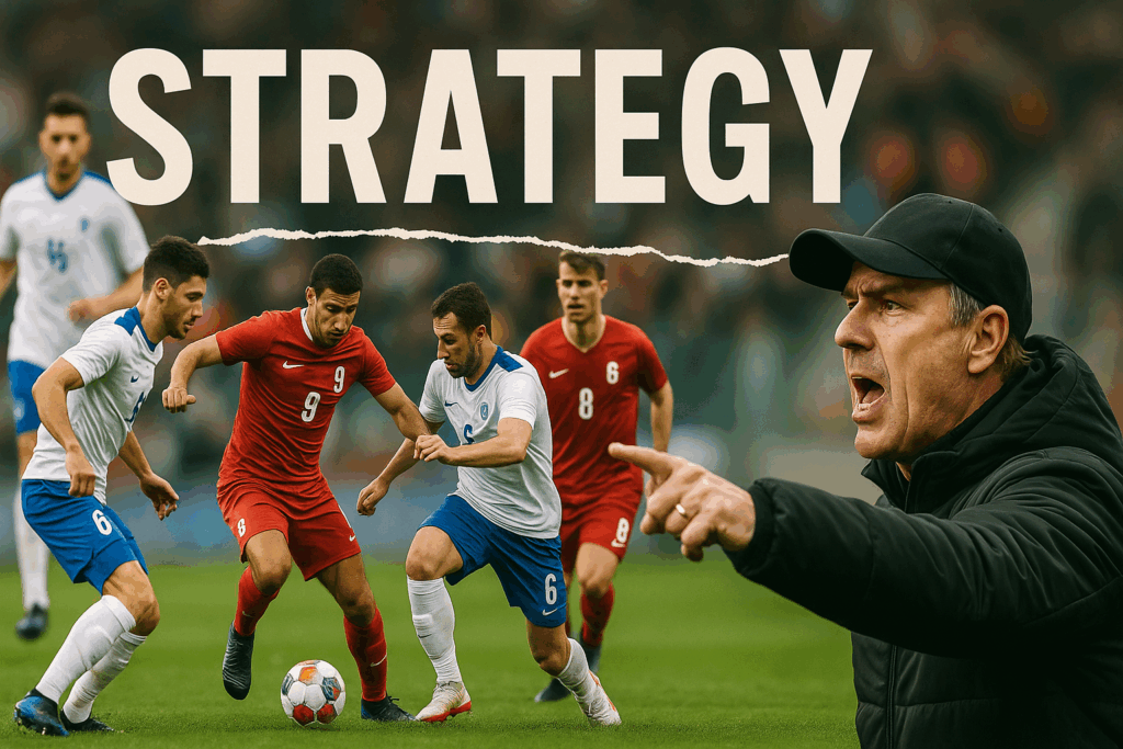 フォトリアリスティックな画像。サッカーをプレーする選手たちと、ピッチサイドから指示を出す監督のコラージュアート。画像上部には、STRATEGYの文字。