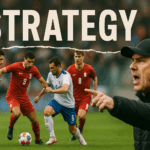 フォトリアリスティックな画像。サッカーをプレーする選手たちと、ピッチサイドから指示を出す監督のコラージュアート。画像上部には、STRATEGYの文字。
