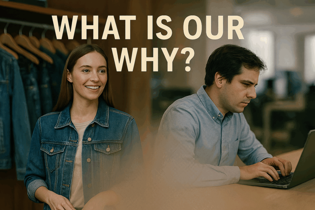 フォトリアリスティックなコラージュアート。アパレル店員の女性とオフィスワーカー。WHAT IS OUR WHY?のキャッチフレーズ付き。