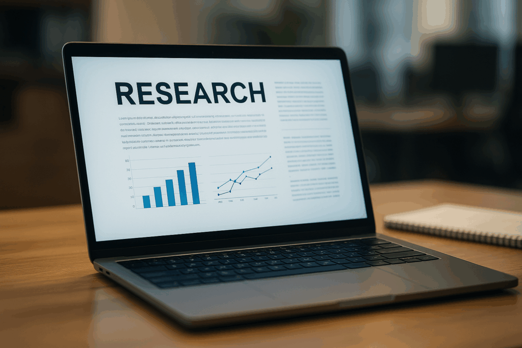 フォトリアリスティックな画像。オフィスに置かれたノートパソコン。画面にはRESEARCHの文字と共に、調査結果レポートが表示されている。