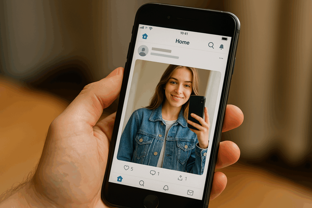 フォトリアリスティックな画像。スマホに映し出されているSNSの画面。スマホ画面には、デニムジャケットを着た女性の自撮り写真が映し出されている。