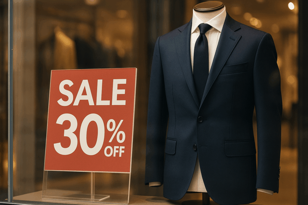フォトリアリスティックな画像。ショーウィンドウに展示された、紺色のテーラードジャケット。SALE30%OFFの値引きPOPが一緒に展示されている。