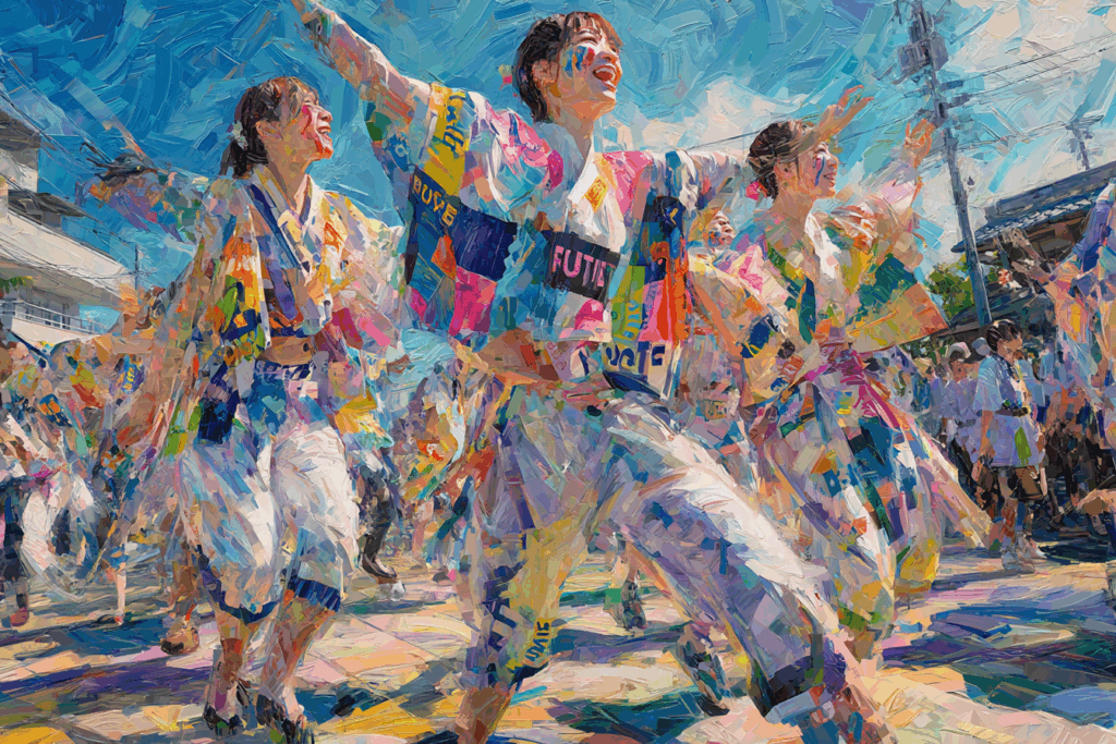 油絵風の画像。カラフルに彩色された和装で踊る若者たち。フェスティバルの一コマ。